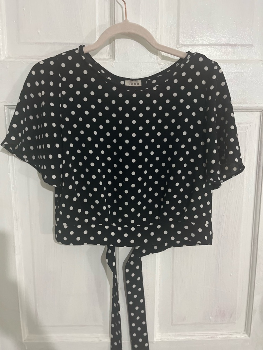 Como Vintage Black & White Polka Dot Tie-Front Crop Top